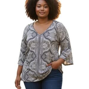 Rose & Olive Mixed Paisley Tunic Womens Size 2X Black White V-Neck Bell Sleeves
